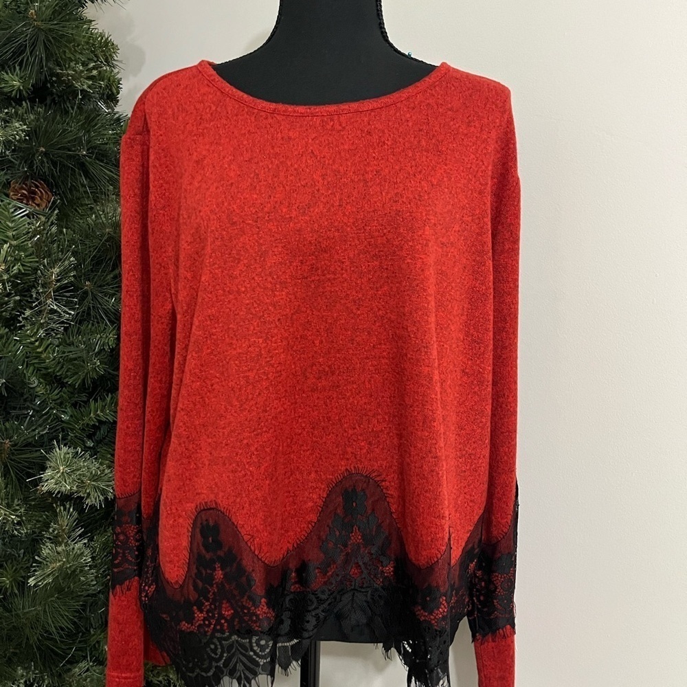 Red Asymmetrical Boxy Blouse with Black Lace Detail